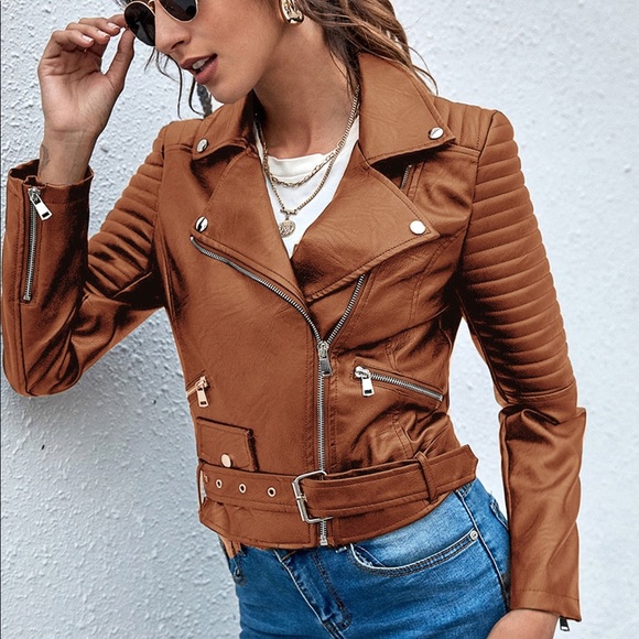 LEATHER JACKET CARAMEL BELTED W/ BUCKLE & ZIPPER ACCENTS